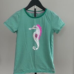 Joules Girl’s Green Striped Tee with Sequin Pink & Silver Seahorse